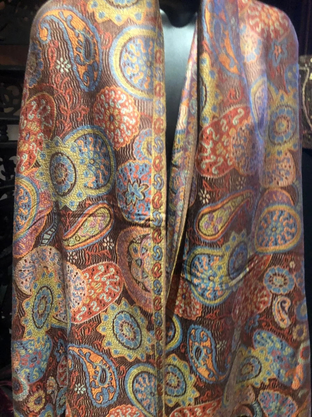 Vintage Brown Orange Paisley Brocade Pashmina Scarf Wrap