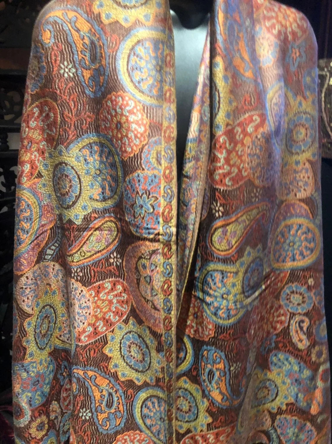 Vintage Brown Orange Paisley Brocade Pashmina Scarf Wrap