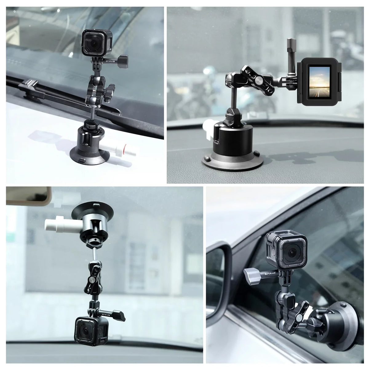 PULUZ PU845B Suction Cup Mount for Action Camera Suction Camera Mount Bracket Dual 360° Rotatable Ballheads Replacement for GoPro Hero 11/10/9/8, Osmo Action 3/2