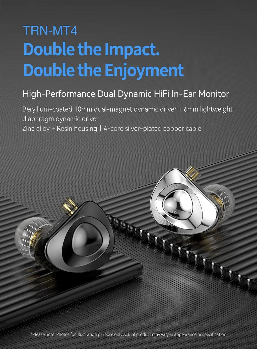 Kinboofi TRN MT4 in Ear Monitor Headphone, 10mm Dual Magnet Dyna Drive Earphone with 4-core Silver-Plated Alloy