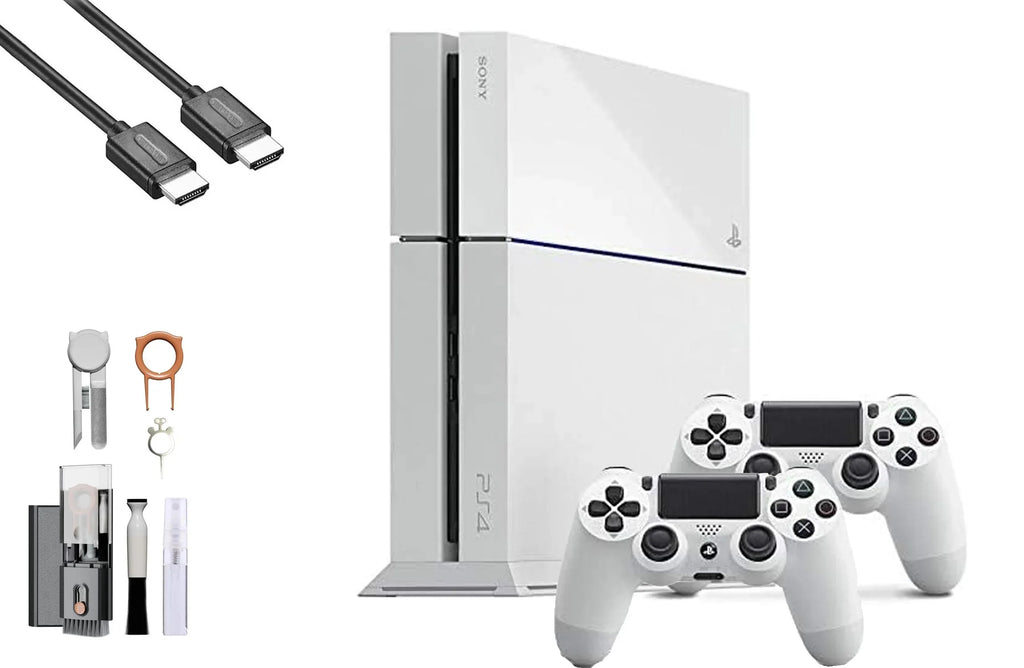 PlayStation 4 500GB Gaming Console White HDMI Cable 2 Controller with BOLT AXTION Cleaning Kit Bundle Like New