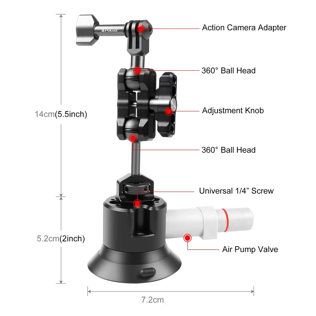 PULUZ PU845B Suction Cup Mount for Action Camera Suction Camera Mount Bracket Dual 360° Rotatable Ballheads Replacement for GoPro Hero 11/10/9/8, Osmo Action 3/2