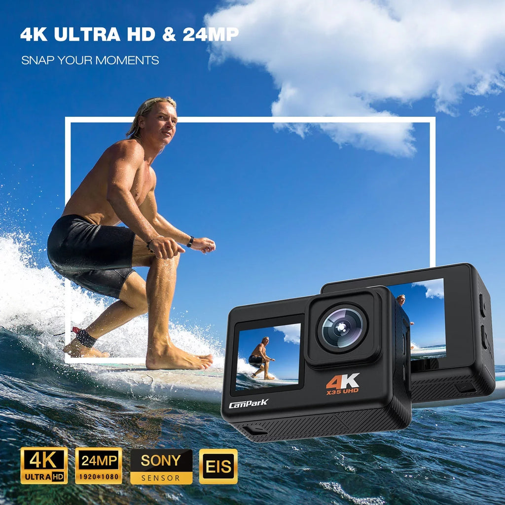 CAMPARK 4K/30FPS 24MP Dual Color Monitor Action Camera Ultra HD Wifi Fluid Camera EIS 131FT Liquid Camera 170 Degree Wide Angle