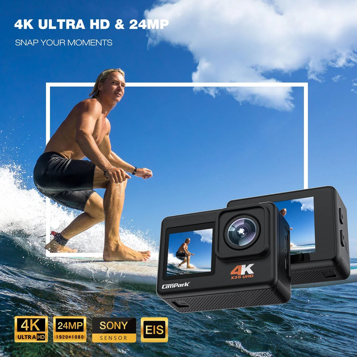 CAMPARK 4K/30FPS 24MP Dual Color Monitor Action Camera Ultra HD Wifi Fluid Camera EIS 131FT Liquid Camera 170 Degree Wide Angle