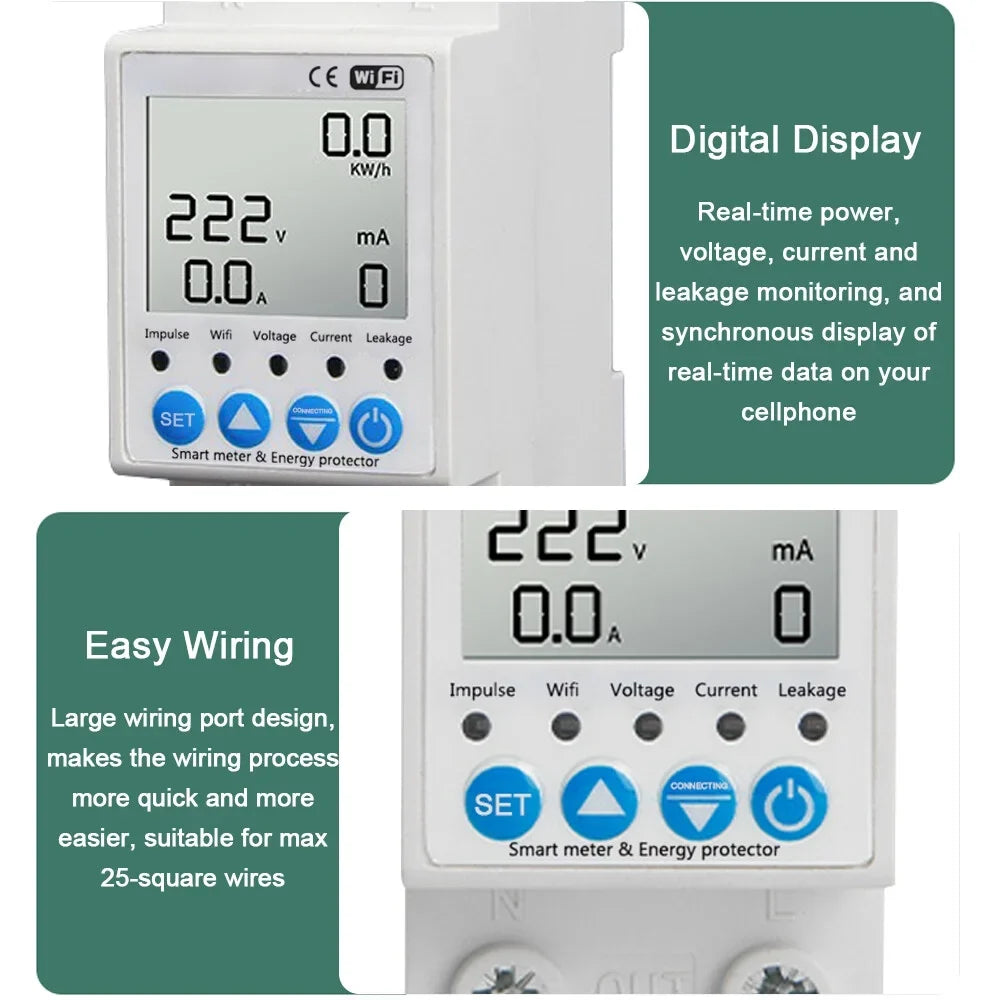 Tuya WiFi Chipset Leakage Protecting Switch Current Voltage Monitoring Circuit Breaker Timer Function Power Meter Compatible with Amazon Alexa and Google home for Voice Control
