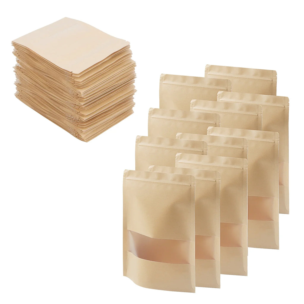 KOHAND 200 Pcs Kraft Bags with Windows, 7 x 10 Inch Resealable Kraft Stand Up Pouches for Food, Bean, Nut
