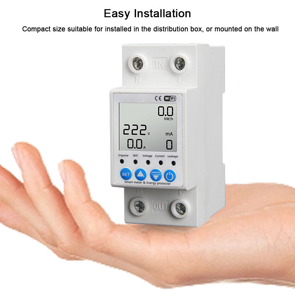 Tuya WiFi Chipset Leakage Protecting Switch Current Voltage Monitoring Circuit Breaker Timer Function Power Meter Compatible with Amazon Alexa and Google home for Voice Control