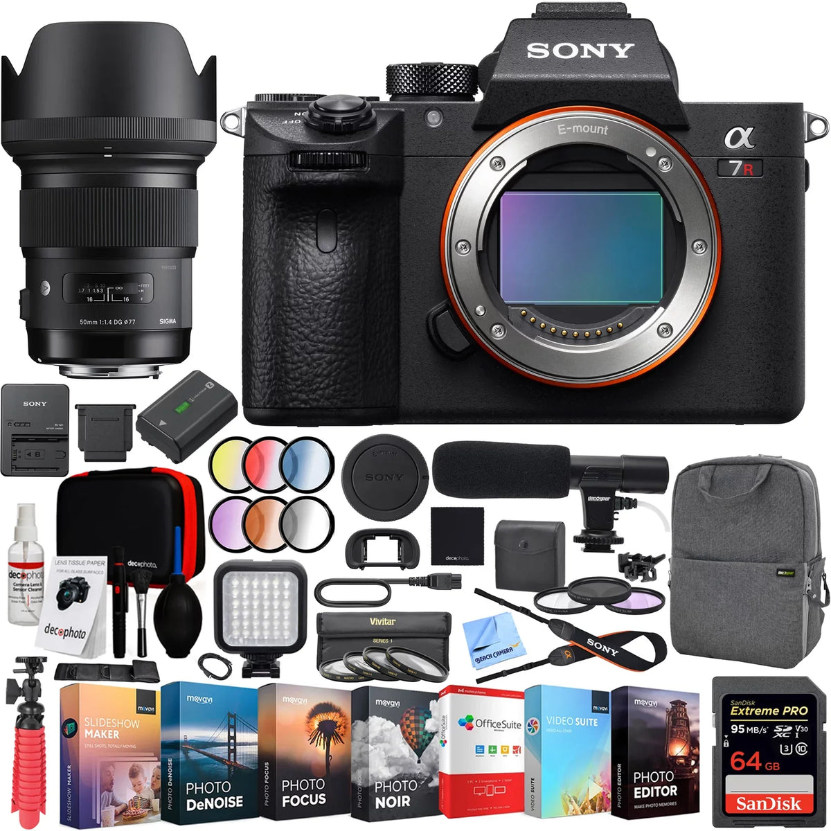 a7R III 42.4MP Full-frame Mirrorless Interchangeable Lens Camera Body (ILCE7RM3/B) with Sigma 50mm F1.4 ART DG HSM E-mount Lens and Deco Gear Backpack Kit Microphone Editing Suite Bundle