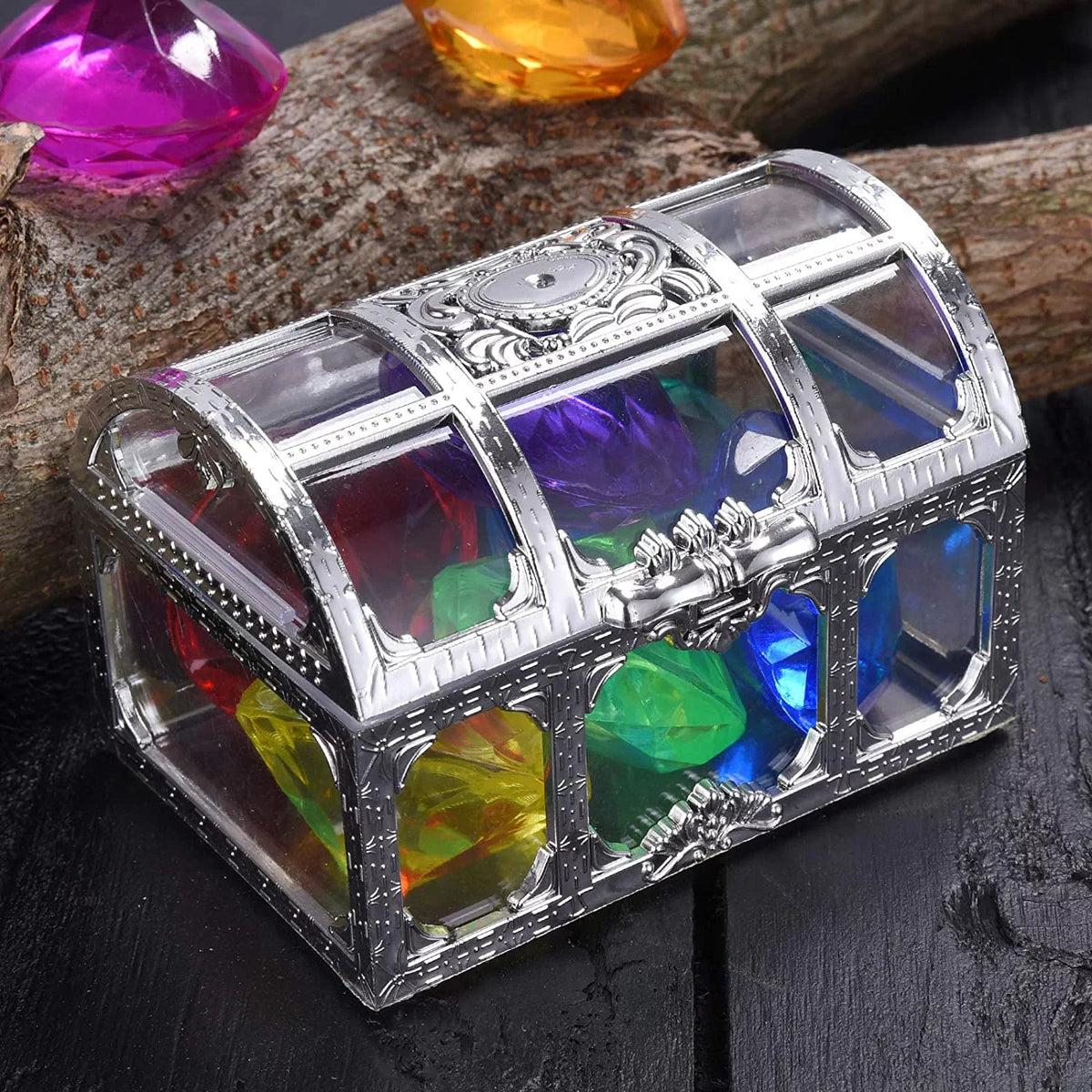 Diving Gem Pool Toy 6 Big Colorful Diamonds Set with Treasure Pirate Box Summer Swimming Gem Diving Toys Set Dive Throw Toy Set Liquid Swimming Toy for Pool Use Treasures Gift Sets (silver white)
