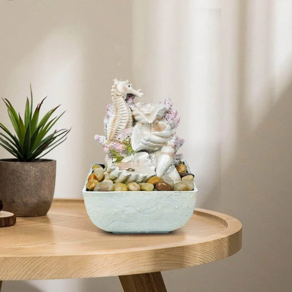 Ferrisland 3-Tier Seahorse And Shell Tabletop Liquid Fountain With LED Lights
