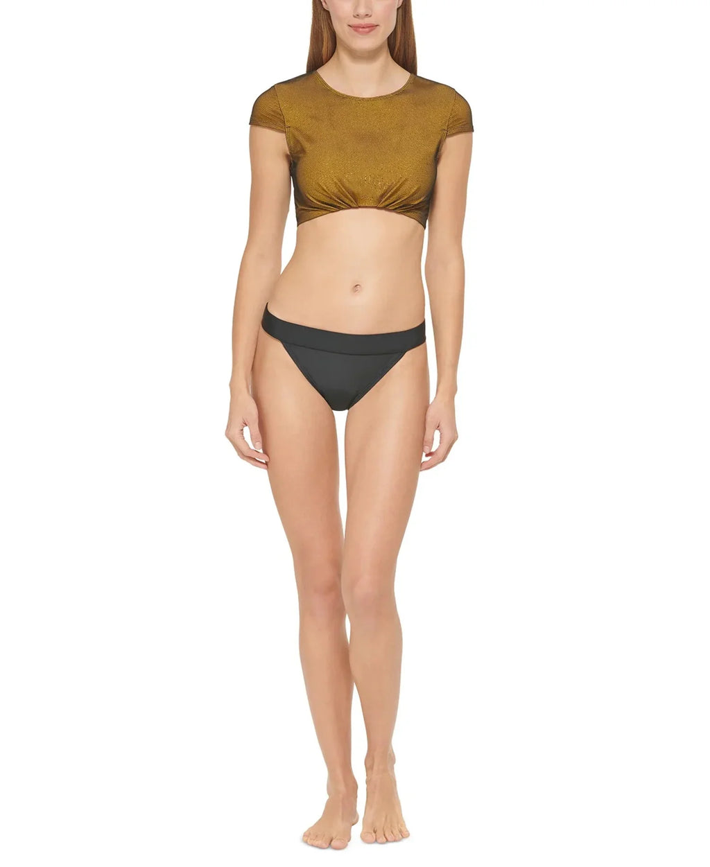 MSRP $78 Dkny Womens Cropped Mesh Overlay Bikini Top Yellow Size Small