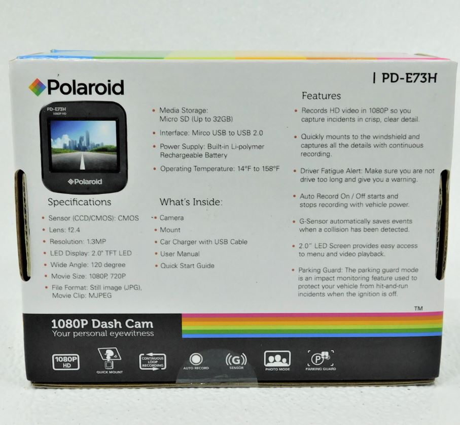 Polaroid 1080P PD-E73H HD Dash Cam Car Dashcam 2" LED Display Monitor Black