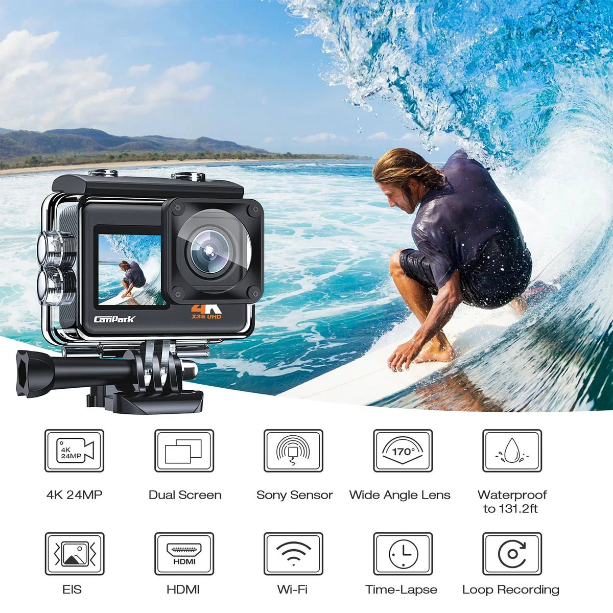 CAMPARK 4K/30FPS 24MP Dual Color Monitor Action Camera Ultra HD Wifi Fluid Camera EIS 131FT Liquid Camera 170 Degree Wide Angle