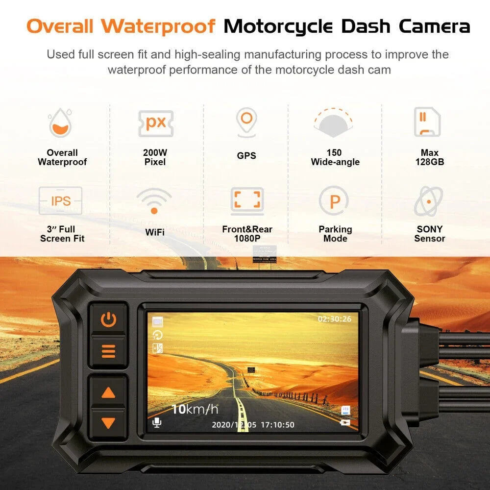 3" Motorcycle Dash Camera A12 Liquid GPS WIFI 1080P Front Rear Night Vision