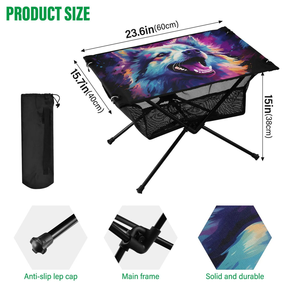 Wolf Abstract Cool Camping Foldable Portable Table Beach Table with Storage Bag Compact Picnic Table for Outdoor Hiking Fishing BBQ