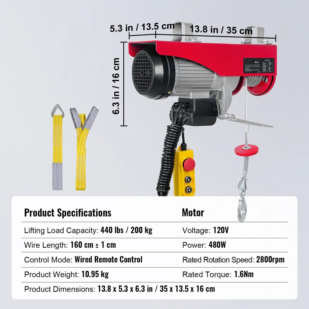 SKYSHALO Electric Hoist 440lbs Crane Winch with Wired Remote Control 480W 110V