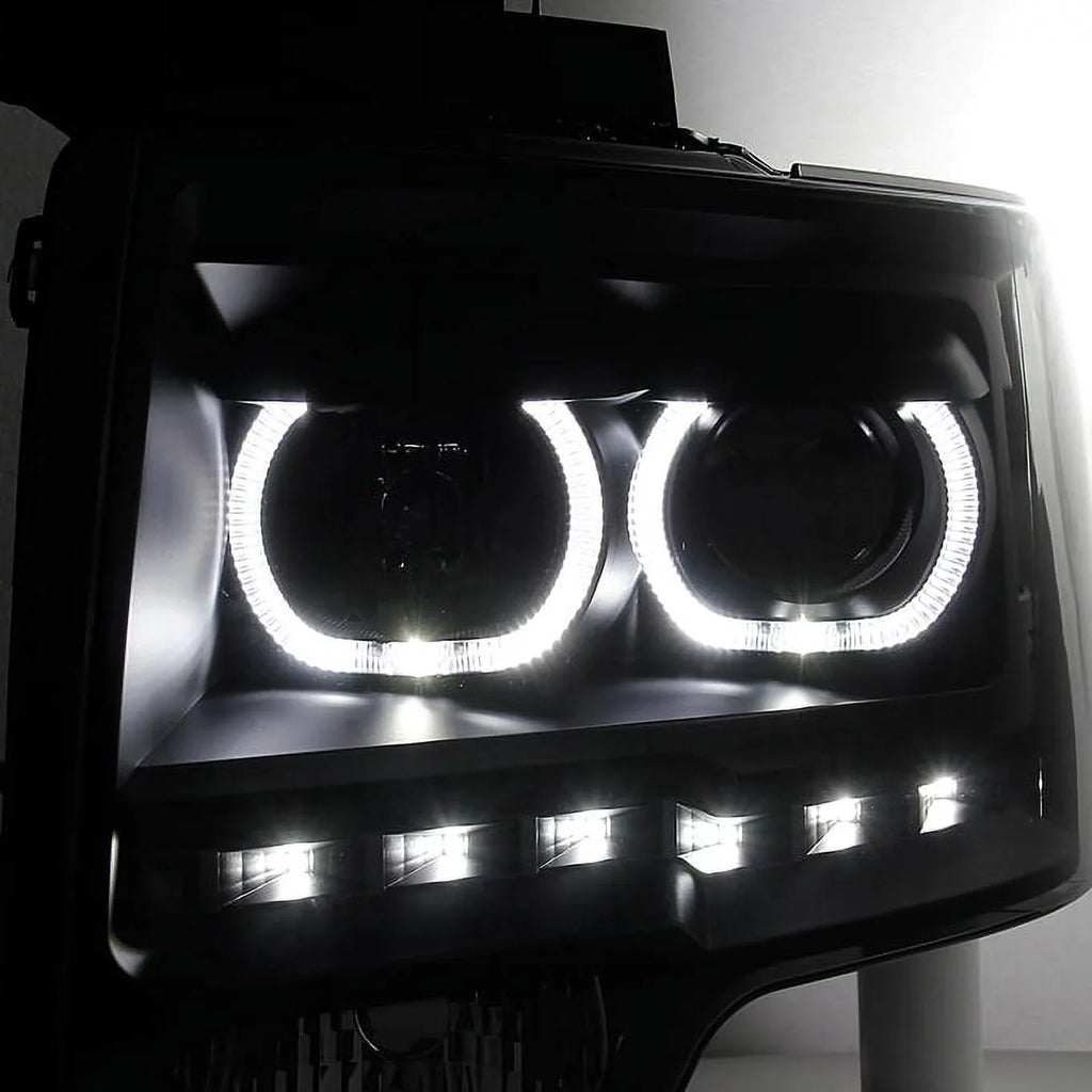 AKKON - For 2009-2014 Ford F150 Dual LED Halo Projector Black Smoke Headlight + C-Shape LED Strip Tail Lamp