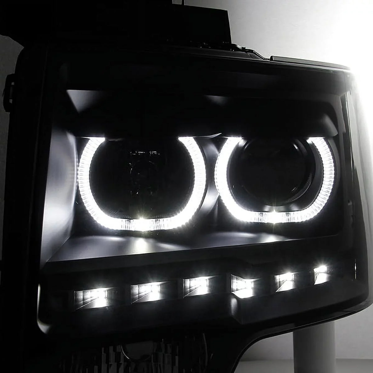 AKKON - For 2009-2014 Ford F150 Dual LED Halo Projector Black Smoke Headlight + C-Shape LED Strip Tail Lamp