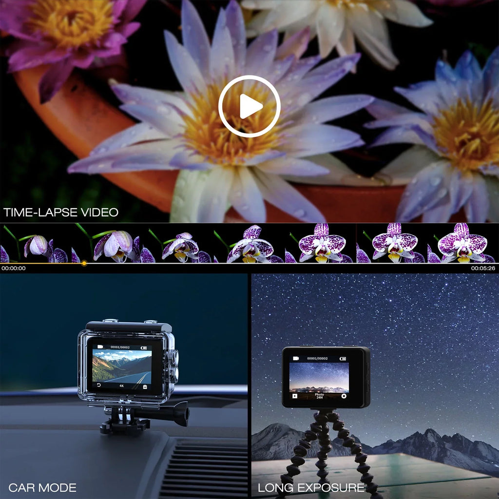 CAMPARK 4K/30FPS 24MP Dual Color Monitor Action Camera Ultra HD Wifi Fluid Camera EIS 131FT Liquid Camera 170 Degree Wide Angle