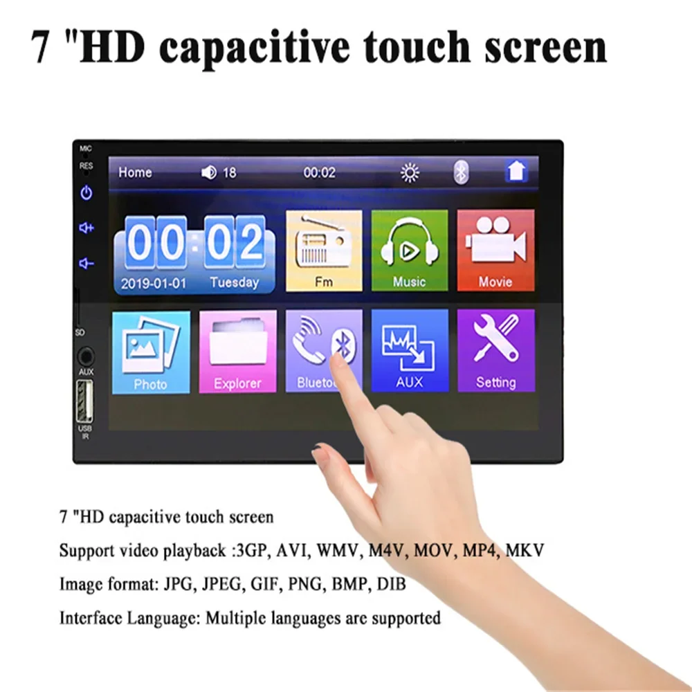 Virwir Car Multimedia Player Bluetooth 7 inch, HD Car Mp5 Player Touch Monitor Autoradio with Backup Camera Rear