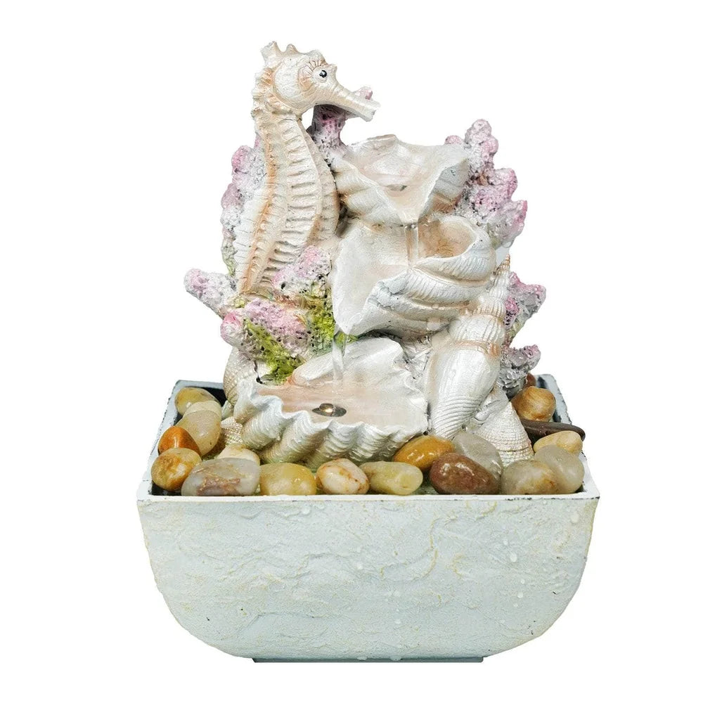 Ferrisland 3-Tier Seahorse And Shell Tabletop Liquid Fountain With LED Lights