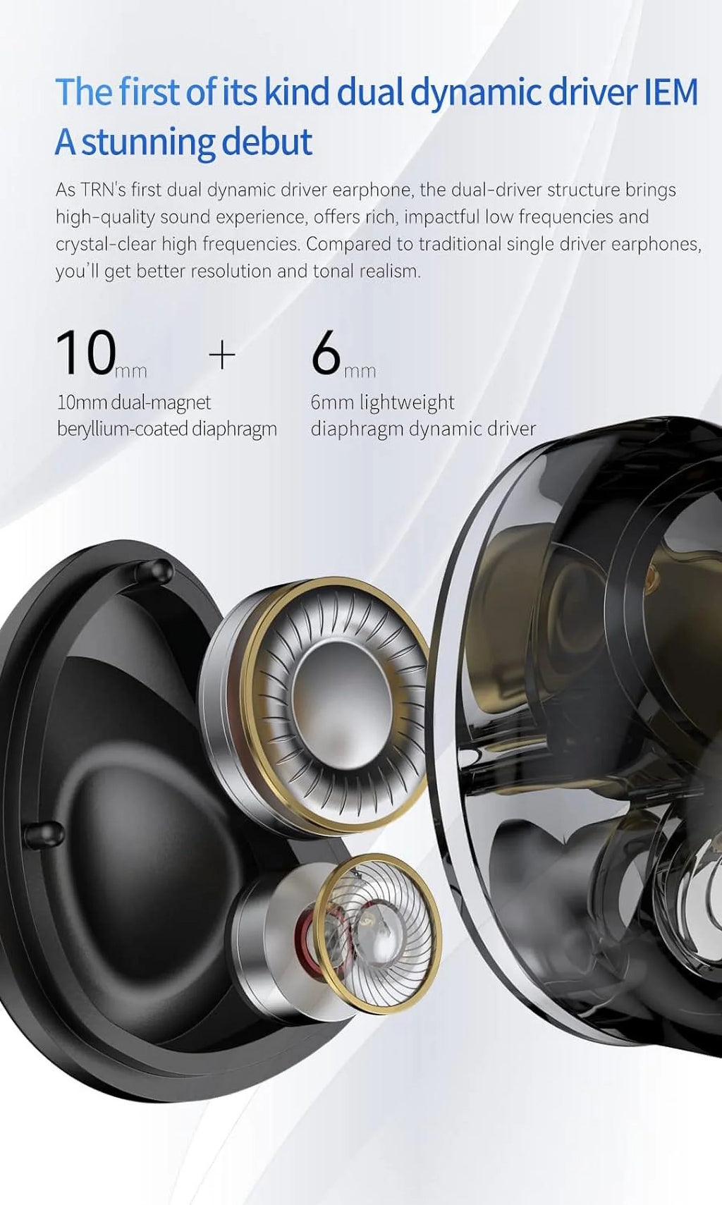 Kinboofi TRN MT4 in Ear Monitor Headphone, 10mm Dual Magnet Dyna Drive Earphone with 4-core Silver-Plated Alloy