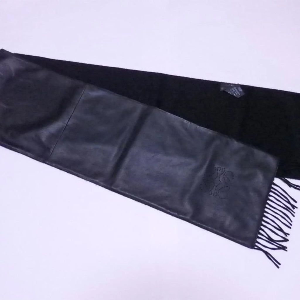 Pre-Owned Loewe LOEWE shawl stole scarf anagram black leather x cashmere ladies (Good)