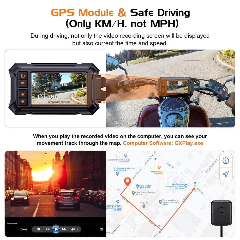 3" Motorcycle Dash Camera A12 Liquid GPS WIFI 1080P Front Rear Night Vision
