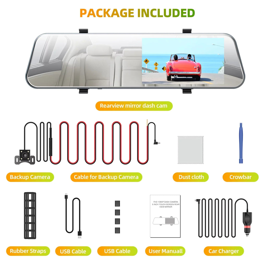 TOGUARD Mirror Dash Cam for Cars, 1080P HD Rear View Mirror Camera, 5'' IPS Full Touch Monitor Front and Rear Dual Dash Camera with G-Sensor, Parking Monitor, Loop Recording, Parking Assistant