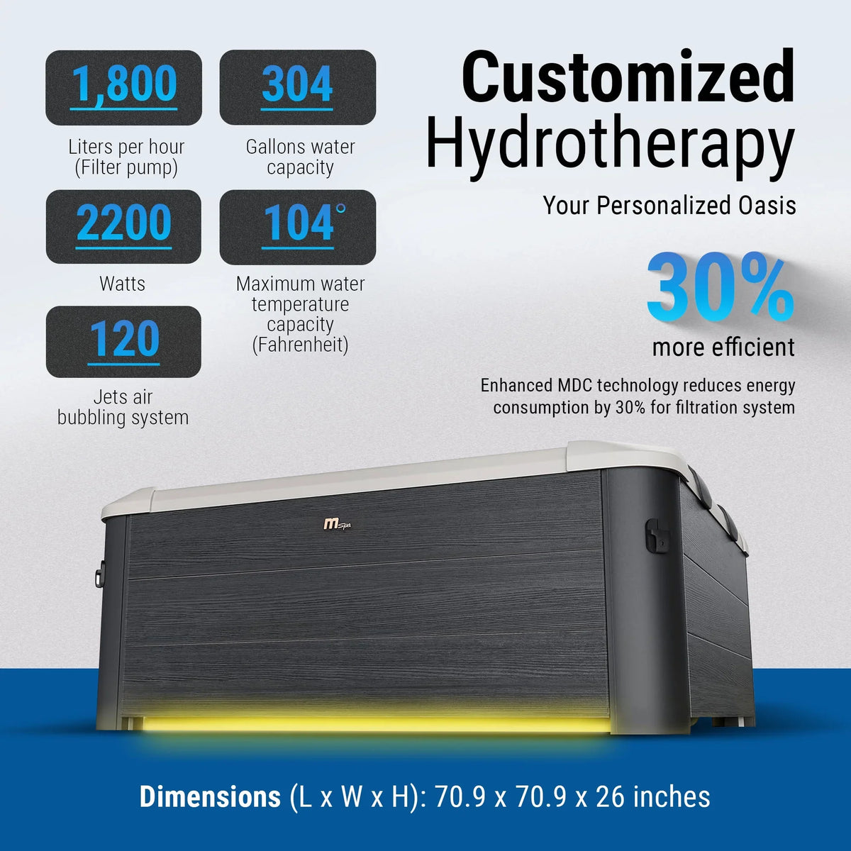 MSpa Oslo 6 Person Squared Hot Tub with Hydro Massage Jets Plus & LED Strip