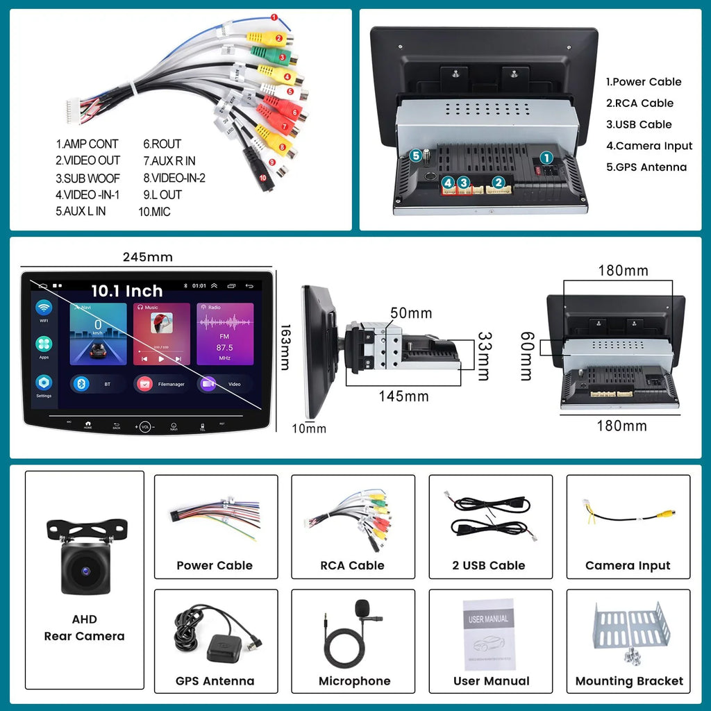 Podofo 2+32G Single 1 DIN 10.1'' Touch Display Car Stereo Radio Wireless Carplay Android Auto Android 11 HD Bluetooth USB Cable FM Audio WIFI GPS USB HIFI,with Microphone&Backup Camera