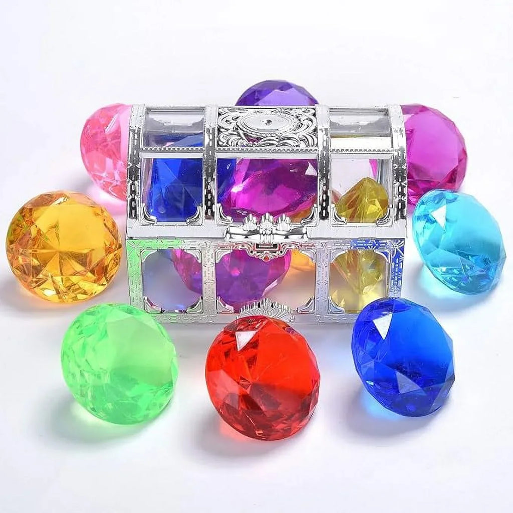 Diving Gem Pool Toy 6 Big Colorful Diamonds Set with Treasure Pirate Box Summer Swimming Gem Diving Toys Set Dive Throw Toy Set Liquid Swimming Toy for Pool Use Treasures Gift Sets (silver white)