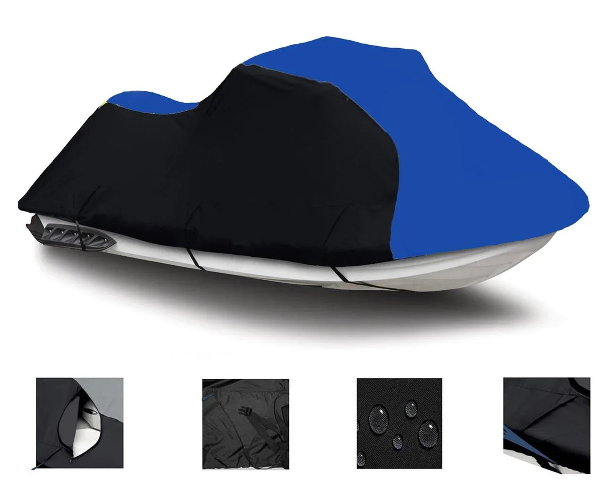 BLACK / BLUE HEAVY-DUTY, 600 DENIER Cover Compatible for Kawasaki Ultra LX 2007 2008 2009 2010 2011 2012 2013 2014 2015 2016 2017 2018 2019 2020 2021 2022 Jet Ski PWC Fluid Cover Trailerable