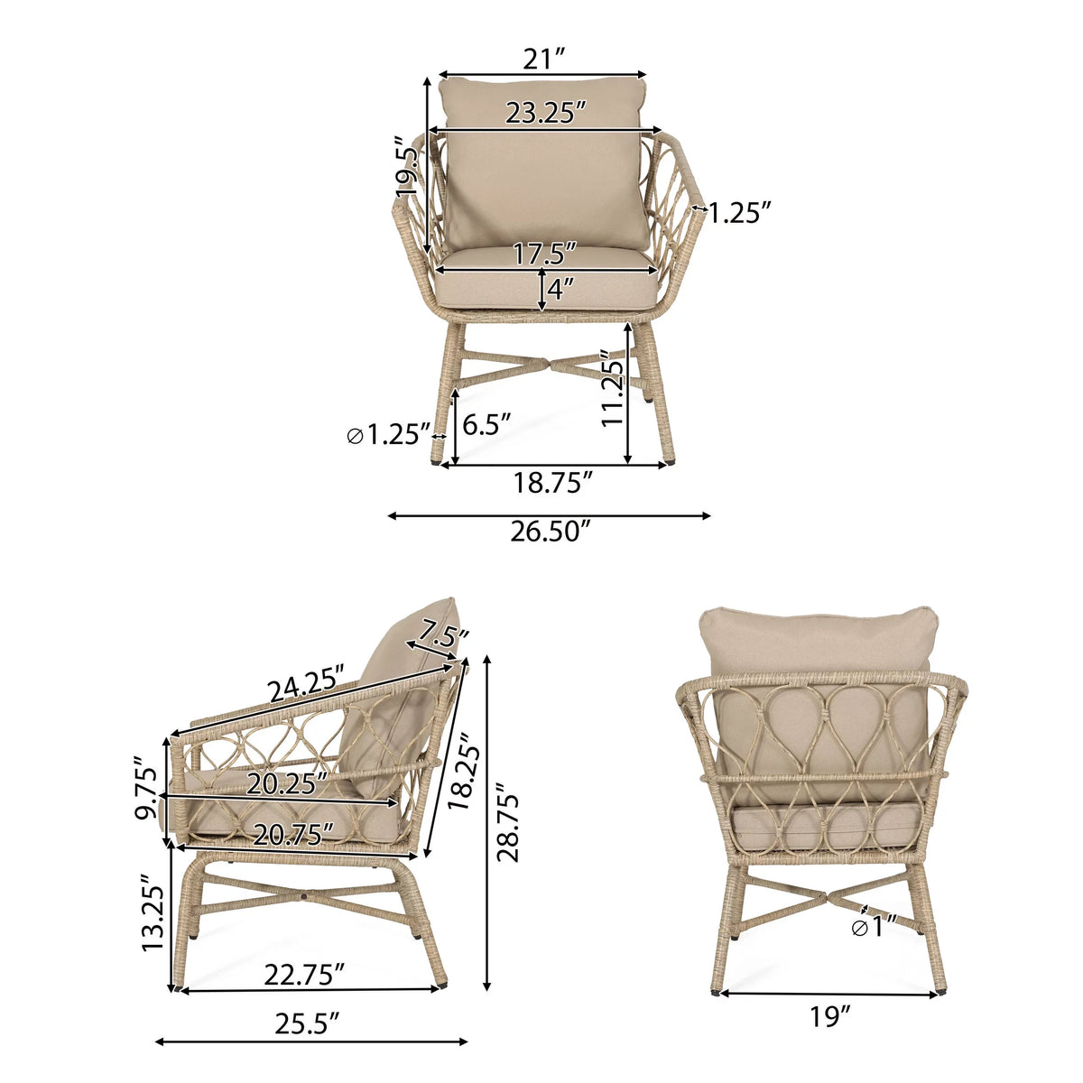 Montserrat Wicker Outdoor 4 Seater Chat Set with Cushions, Light Brown and Beige