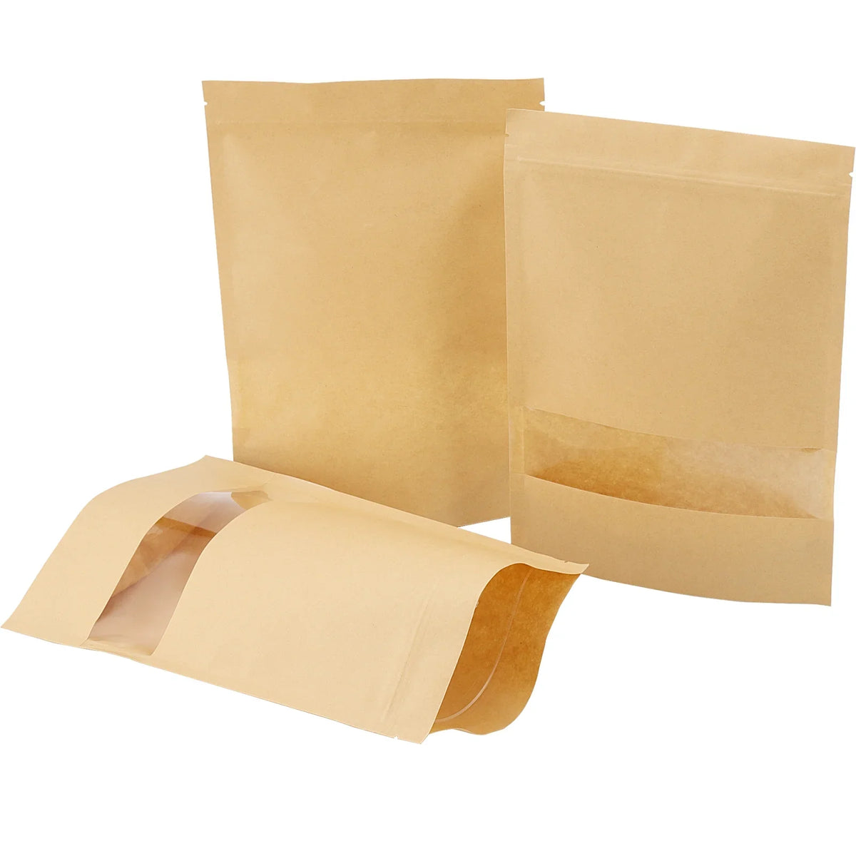 KOHAND 200 Pcs Kraft Bags with Windows, 7 x 10 Inch Resealable Kraft Stand Up Pouches for Food, Bean, Nut