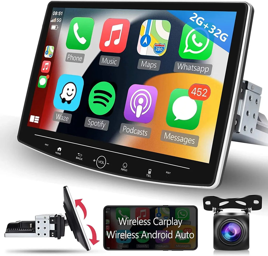 Podofo 2+32G Single 1 DIN 10.1'' Touch Display Car Stereo Radio Wireless Carplay Android Auto Android 11 HD Bluetooth USB Cable FM Audio WIFI GPS USB HIFI,with Microphone&Backup Camera