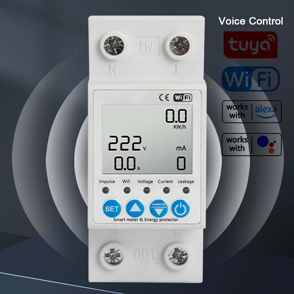Tuya WiFi Chipset Leakage Protecting Switch Current Voltage Monitoring Circuit Breaker Timer Function Power Meter Compatible with Amazon Alexa and Google home for Voice Control