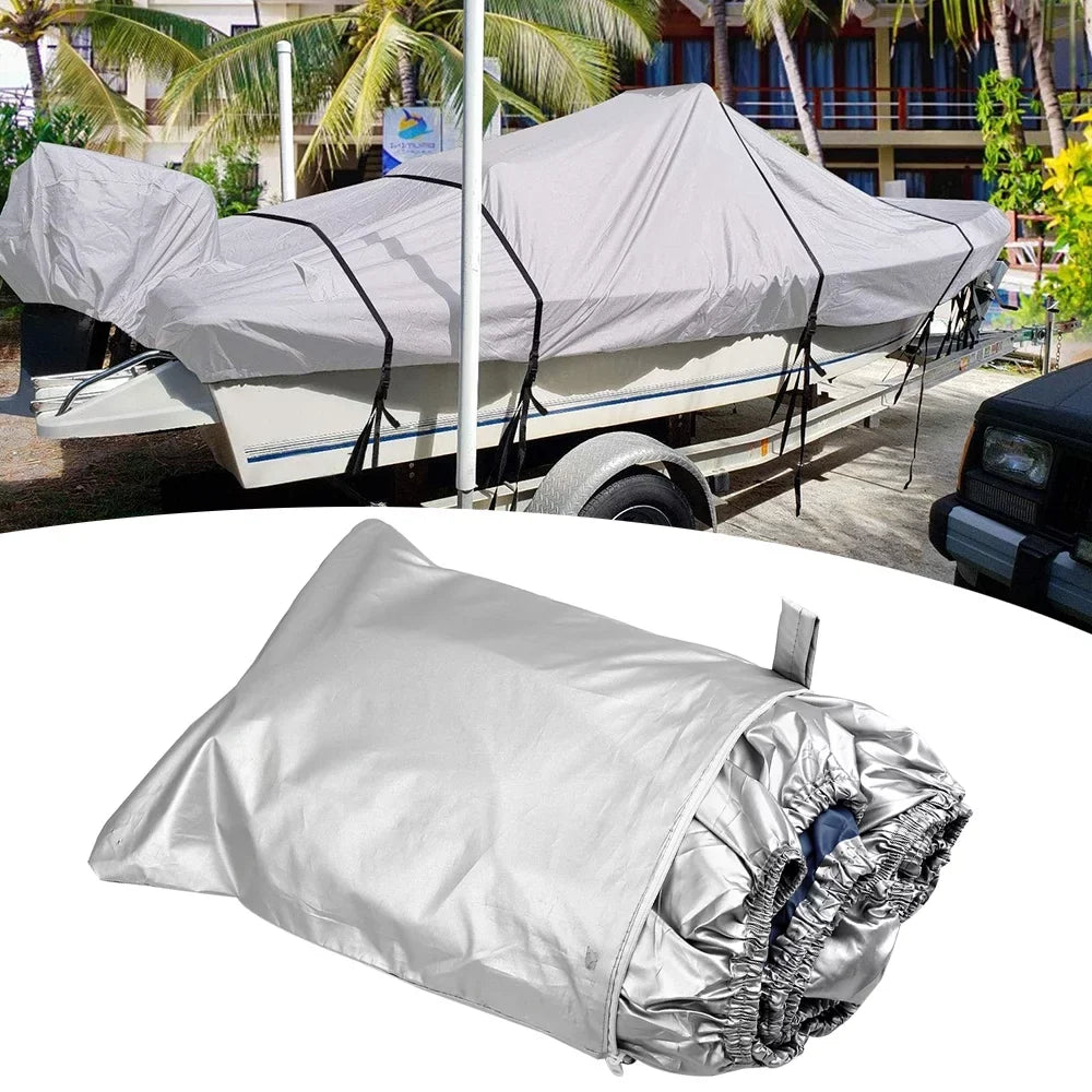 Boat Cover Yacht Protection Fluid Heavy Duty Silver Reflective 300D Oxford Fabric Anti-smashing Long-lasting and Tear Proof Fits V-HULL TRI-HULL Runabouts and Bass Boats 11-13FT