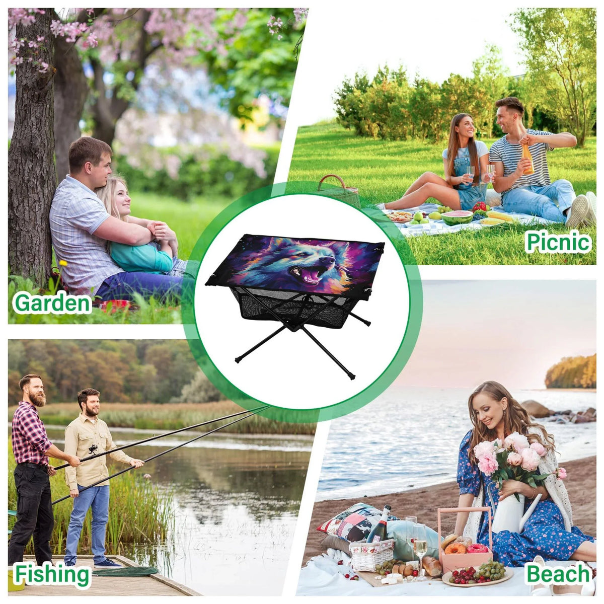 Wolf Abstract Cool Camping Foldable Portable Table Beach Table with Storage Bag Compact Picnic Table for Outdoor Hiking Fishing BBQ