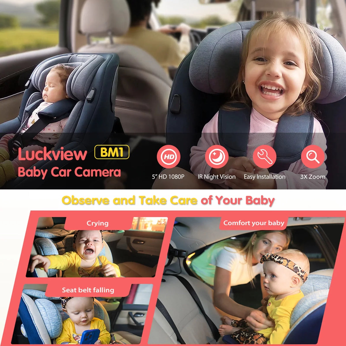 Luckview Car Back Seat Baby Camera Baby Car Camera Monitor HD Night Vision, Rear Facing Car Seat Camera 3X Zoom Safety Baby Car Monitor for Observing Baby Children While Driving