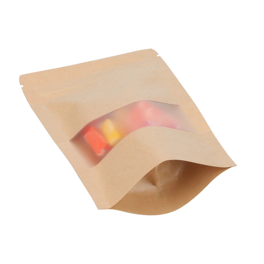 KOHAND 200 Pcs Kraft Bags with Windows, 7 x 10 Inch Resealable Kraft Stand Up Pouches for Food, Bean, Nut