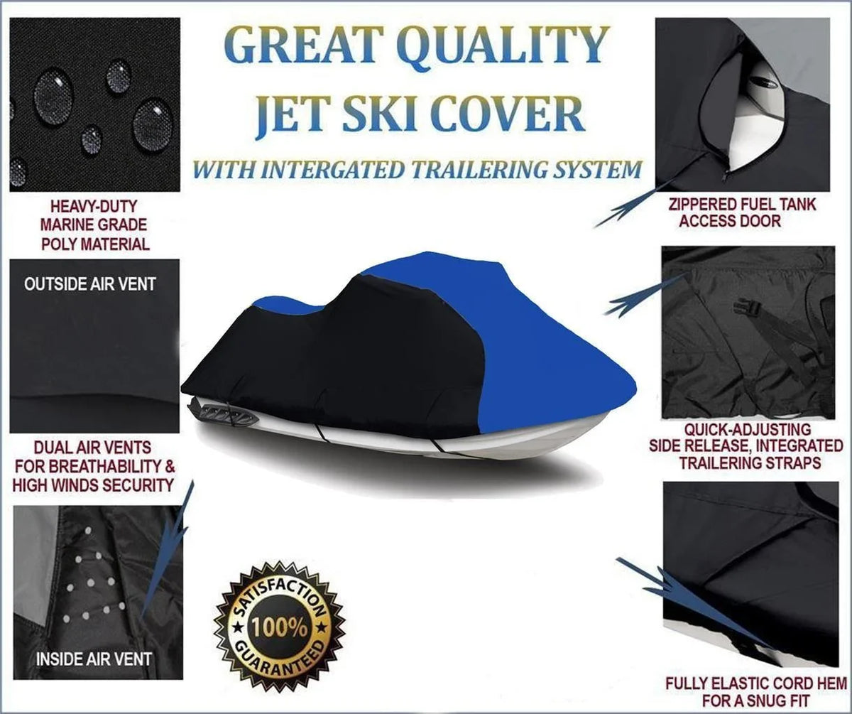 BLACK / BLUE HEAVY-DUTY, 600 DENIER Cover Compatible for Kawasaki Ultra LX 2007 2008 2009 2010 2011 2012 2013 2014 2015 2016 2017 2018 2019 2020 2021 2022 Jet Ski PWC Fluid Cover Trailerable