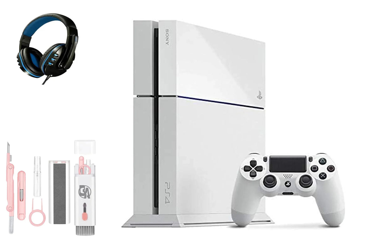 Pre-Owned PlayStation 4 500GB Gaming Console White Headset with BOLT AXTION Cleaning Kit Bundle (Refurbished: Like New)