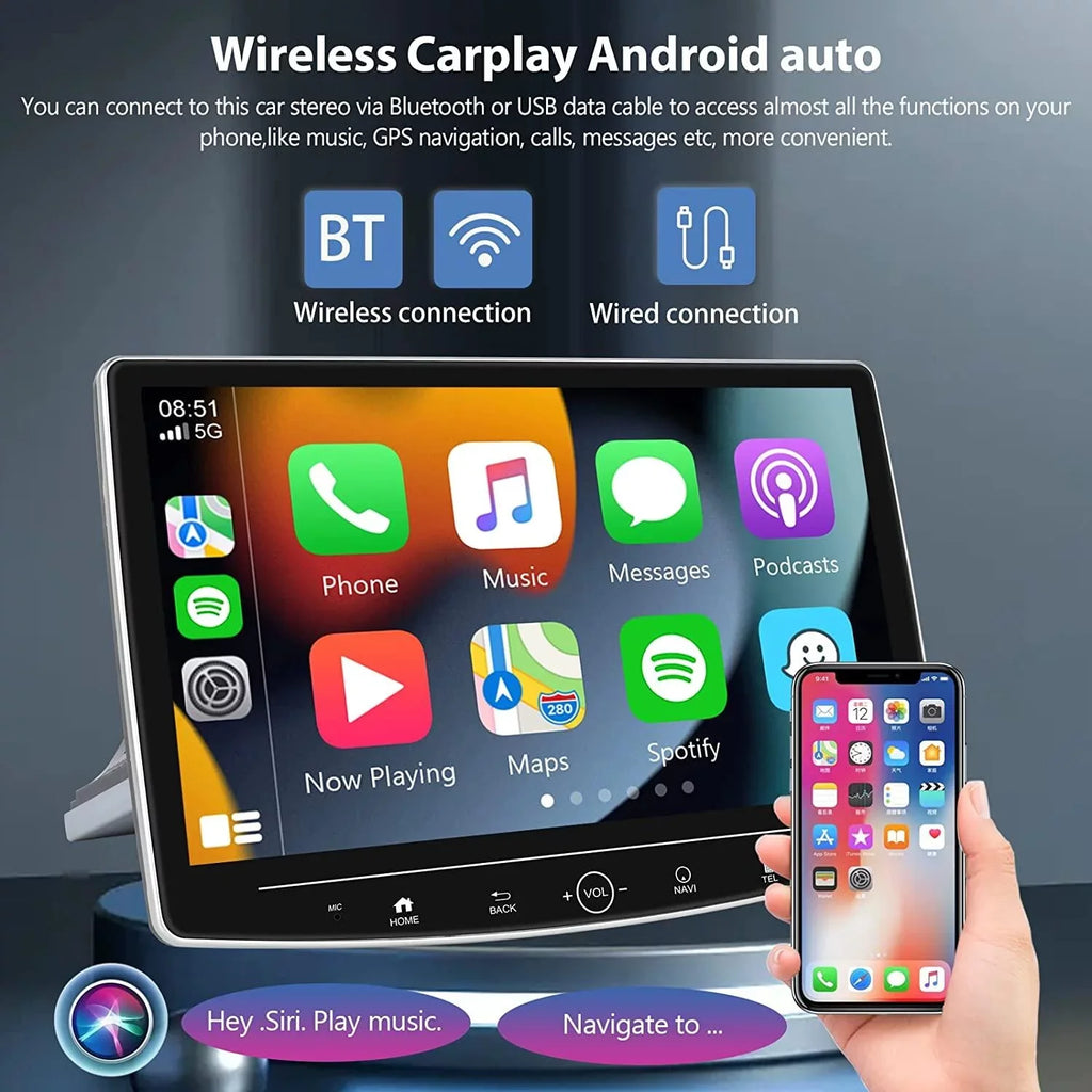 Podofo 2+32G Single 1 DIN 10.1'' Touch Display Car Stereo Radio Wireless Carplay Android Auto Android 11 HD Bluetooth USB Cable FM Audio WIFI GPS USB HIFI,with Microphone&Backup Camera