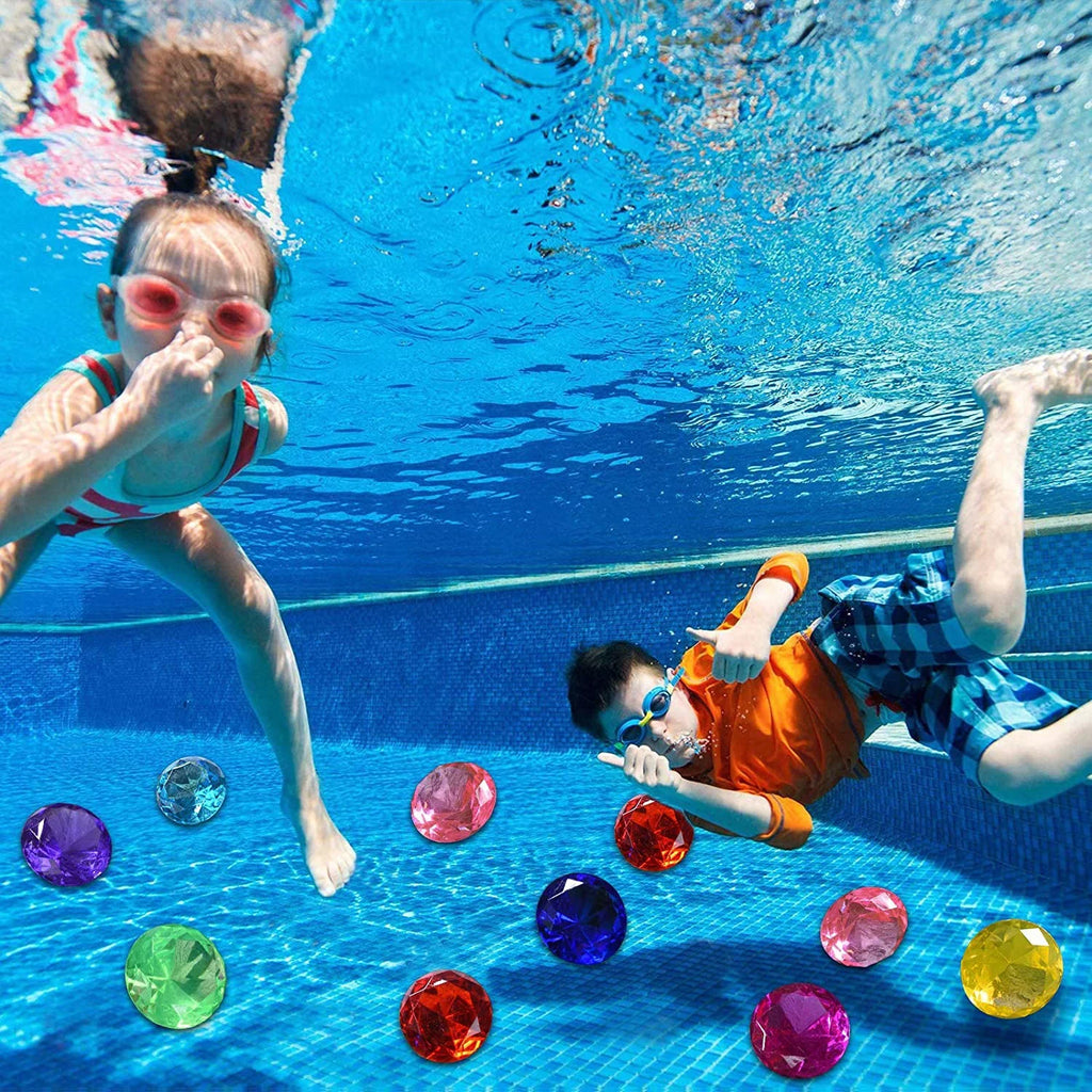 Diving Gem Pool Toy 6 Big Colorful Diamonds Set with Treasure Pirate Box Summer Swimming Gem Diving Toys Set Dive Throw Toy Set Liquid Swimming Toy for Pool Use Treasures Gift Sets (silver white)