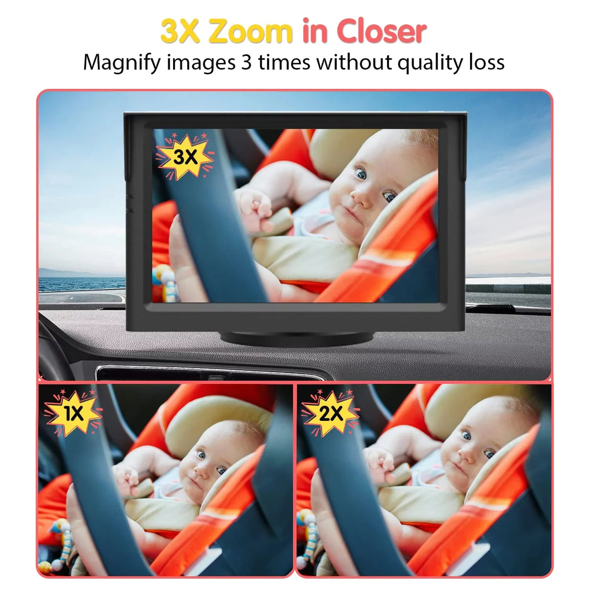 Luckview Car Back Seat Baby Camera Baby Car Camera Monitor HD Night Vision, Rear Facing Car Seat Camera 3X Zoom Safety Baby Car Monitor for Observing Baby Children While Driving
