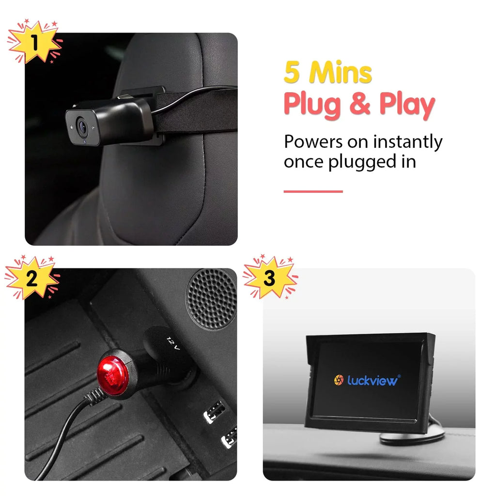 Luckview Car Back Seat Baby Camera Baby Car Camera Monitor HD Night Vision, Rear Facing Car Seat Camera 3X Zoom Safety Baby Car Monitor for Observing Baby Children While Driving