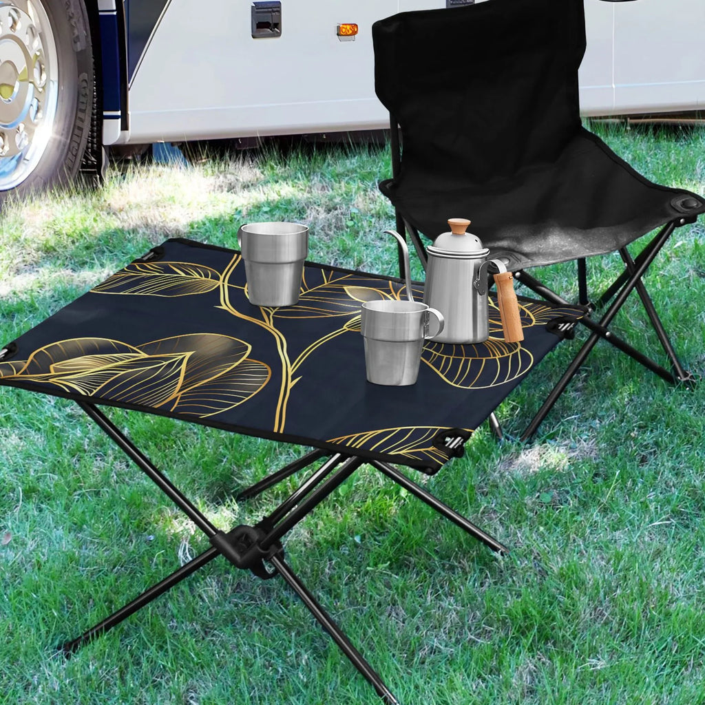 Luxury Golden Rose Flower Camping Folding Table Portable Beach Table with Storage Bag Compact Picnic Table for Outdoor Travel Fishing BBQ