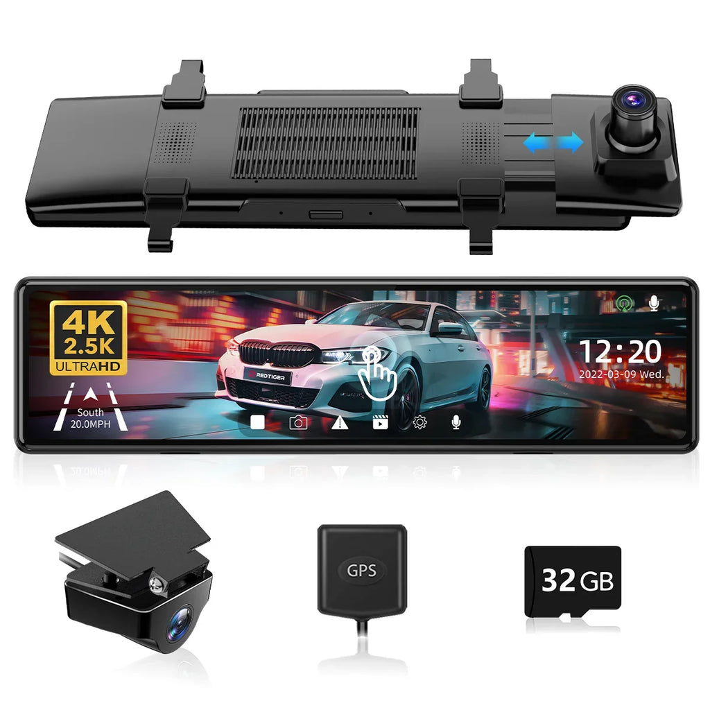 REDTIGER Rearview Mirror Dash Cam, 11" UHD Full Touch Monitor Rear View Mirror Dash Camera for Cars, 4K Front and 2.5K Rear Dash Camera with Night Vision GPS , Free 32GB Card