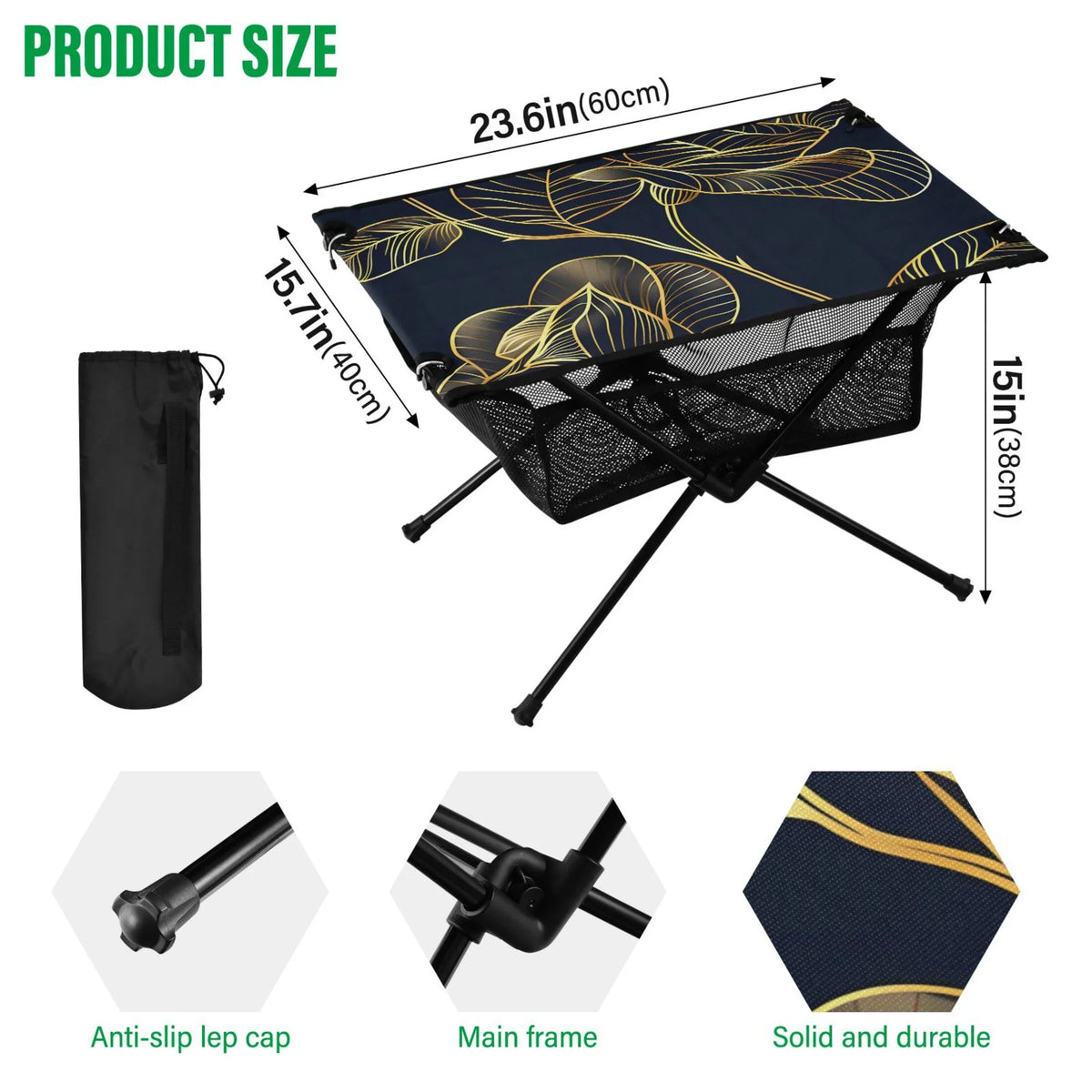 Luxury Golden Rose Flower Camping Folding Table Portable Beach Table with Storage Bag Compact Picnic Table for Outdoor Travel Fishing BBQ